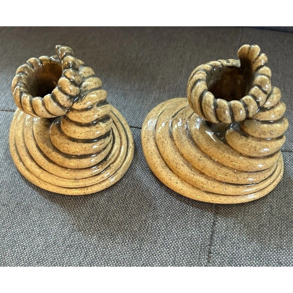 Cornucopia Rams Horn Fall Ceramic Taper Candle Holders Set of 2 Art Deco Vintage